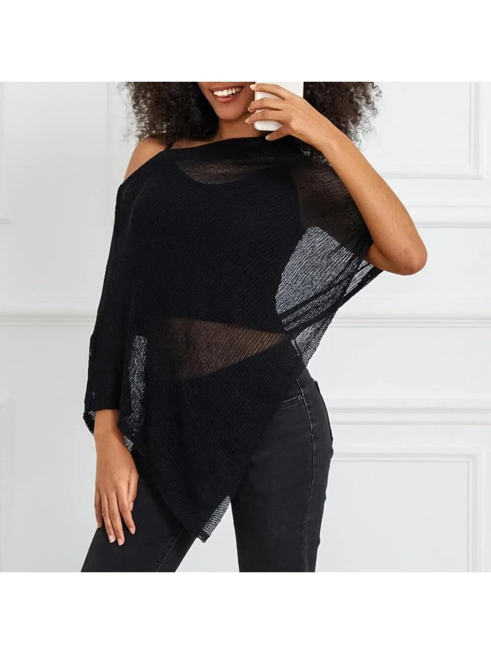 Women's Black Sheer Poncho Top Knit Crochet Lightweight See Through Shawl